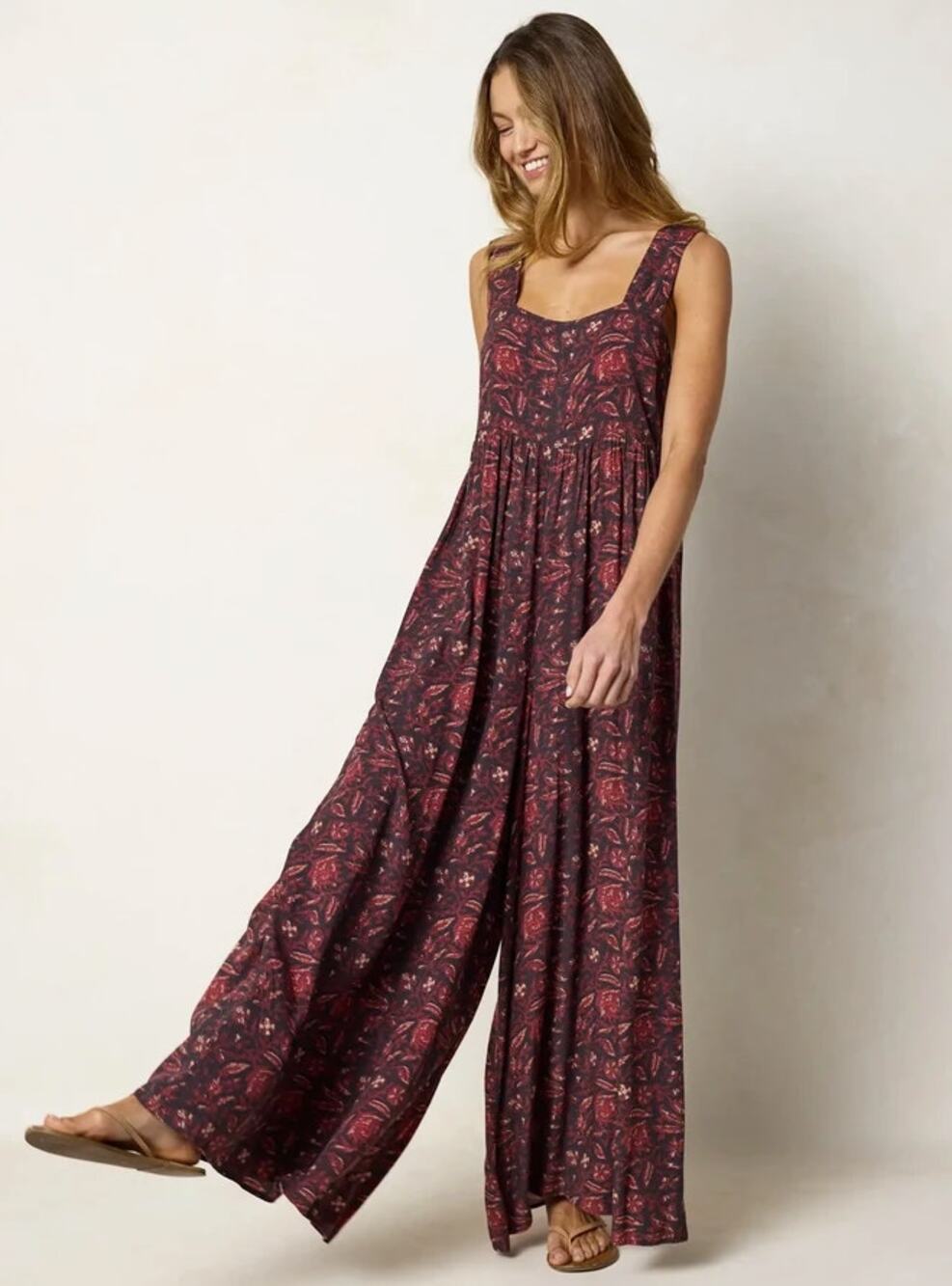 NATURAL LIFE Tricia Wide Leg Jumpsuit Brown Rust Floral Sz M {G26}